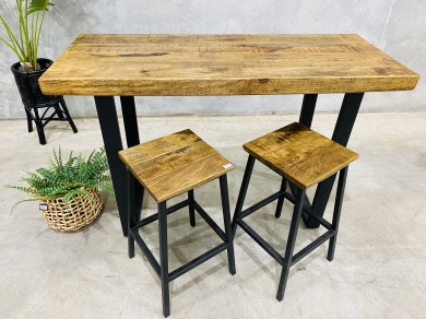 Plank bar table with plank stools